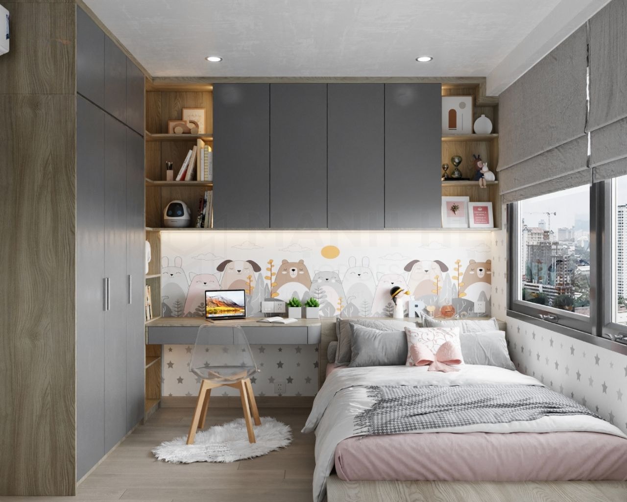 Màu ghi kết hợp với các tông pastel tạo tổng thể mềm mại cho bé Ất Mùi 2015